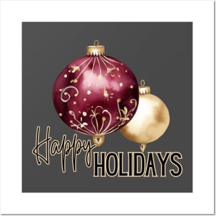 Two Christmas Ornaments in Gold and Burgundy with Happy Holidays Script Posters and Art